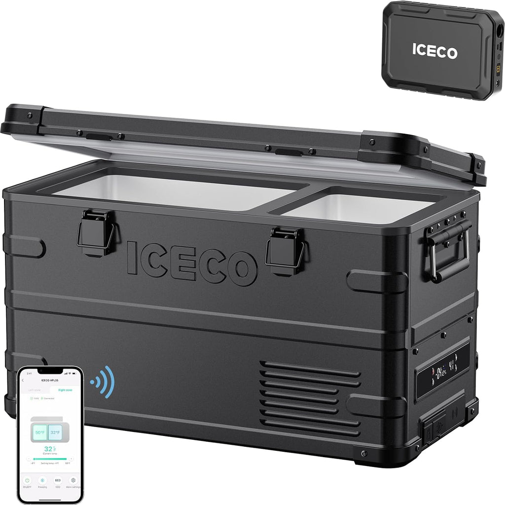 ICECO APL35 Dual Zone Portable Fridge Freezer with Battery, 12 Volt Car Refrigerator, 37 Quart Aluminum Electric Cooler, -4℉~68℉, 12/24V DC, 100-240V AC, Camper Teardrop Ideal for Camping, Outdoor