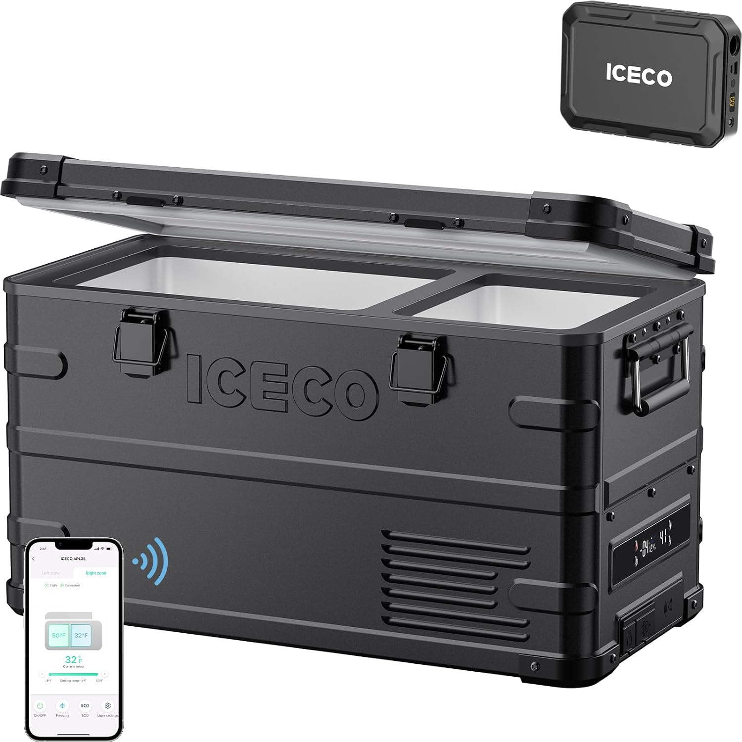 ICECO APL35 Dual Zone Portable Fridge Freezer with Battery, 12 Volt Car Refrigerator, 37 Quart Aluminum Electric Cooler, -4℉~68℉, 12/24V DC, 100-240V AC, Camper Teardrop Ideal for Camping, Outdoor