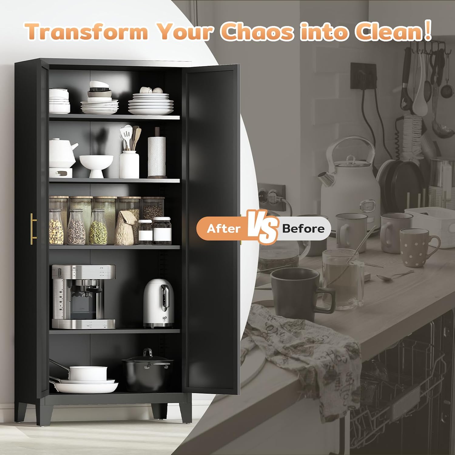 Zevemomo 70.87' H Metal Kitchen Pantry Cabinet, Freestanding Cupboard with 2 Doors and 4 Adjustable Shelves, Tall Metal Storage Cabinet for Kitchen, Bathroom, Dinning Room or Laundry Room （Black）