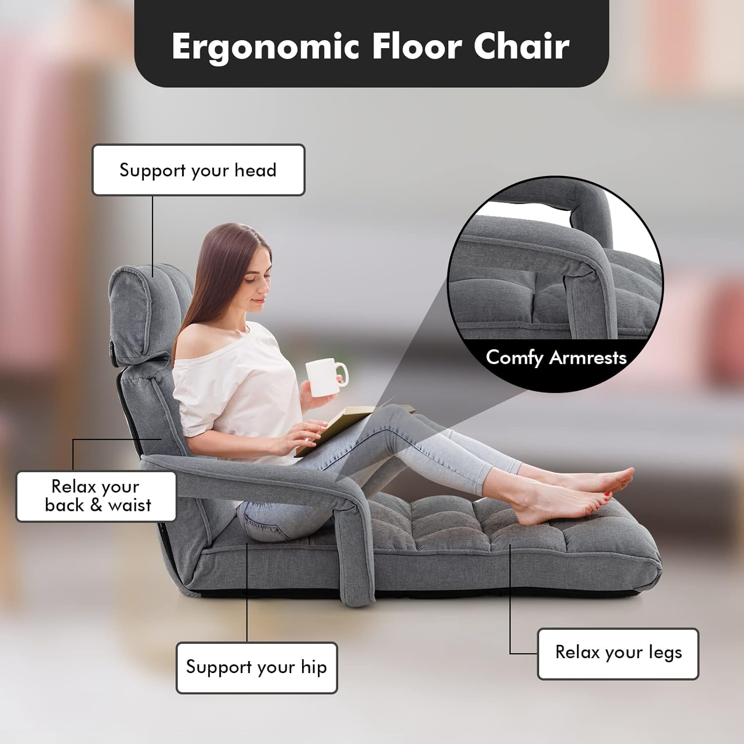 Moccha Floor Chairs for Adults, Adjustable 6-Position Floor Lounger w/Adjustable Armrests, Backrest & Footrest, No Assembly Folding Lazy Sofa Chair for Gaming, Light Weight Chaise Lounge