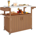 Outsunny Outdoor Bar Cart with Storage Cabinet, Stainless Steel Top Kitchen Island on Wheels, HDPE Outdoor Bar Table, Movable Patio Beverage Food Prep Table for BBQ Picnic, Brown