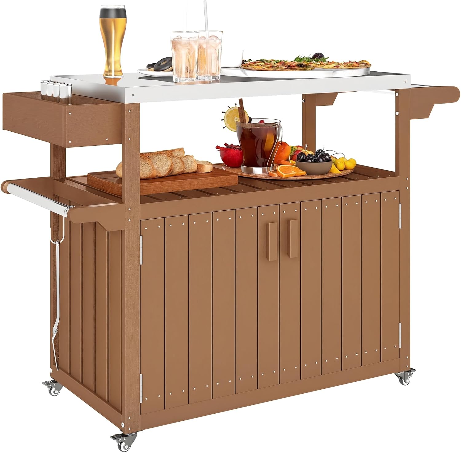 Outsunny Outdoor Bar Cart with Storage Cabinet, Stainless Steel Top Kitchen Island on Wheels, HDPE Outdoor Bar Table, Movable Patio Beverage Food Prep Table for BBQ Picnic, Brown