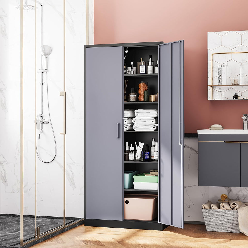 Fesbos Metal Storage Cabinet-72' Tall Steel File Cabinets with Lockable Doors and 5 Adjustable Shelves-Black&Gray Steel Storage Cabinet for Home, School, Office, Garage