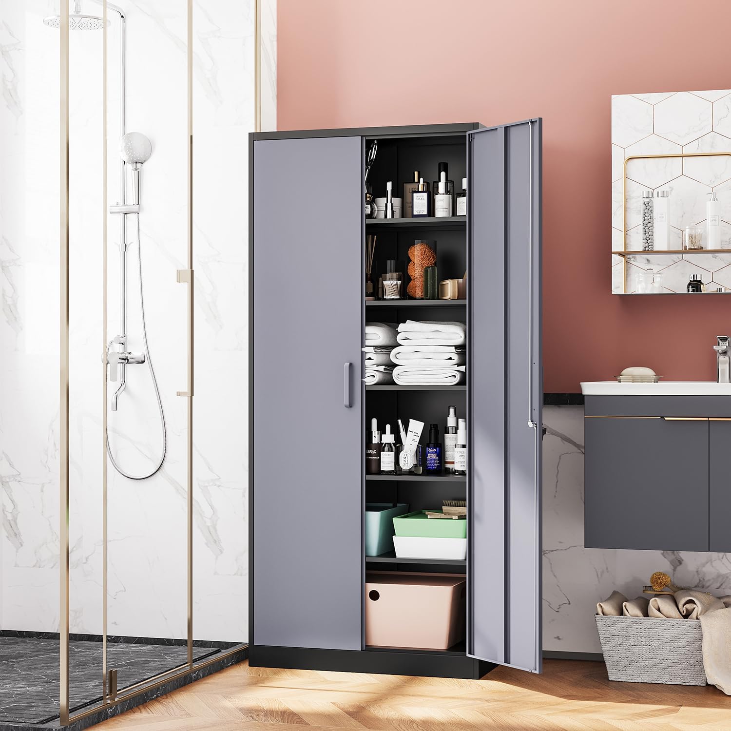 Fesbos Metal Storage Cabinet-72' Tall Steel File Cabinets with Lockable Doors and 5 Adjustable Shelves-Black&Gray Steel Storage Cabinet for Home, School, Office, Garage