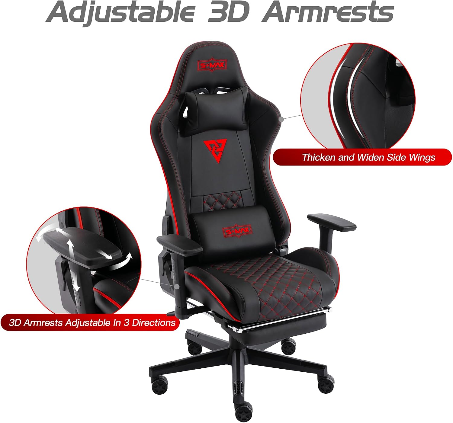 S*MAX Gaming Chair with Footrest Thicken Seat Black Gaming Chairs with 3D Armrest Gamer Chairs PU Leather Headrest and Lumbar Support High Back Gamer Chairs for Adults