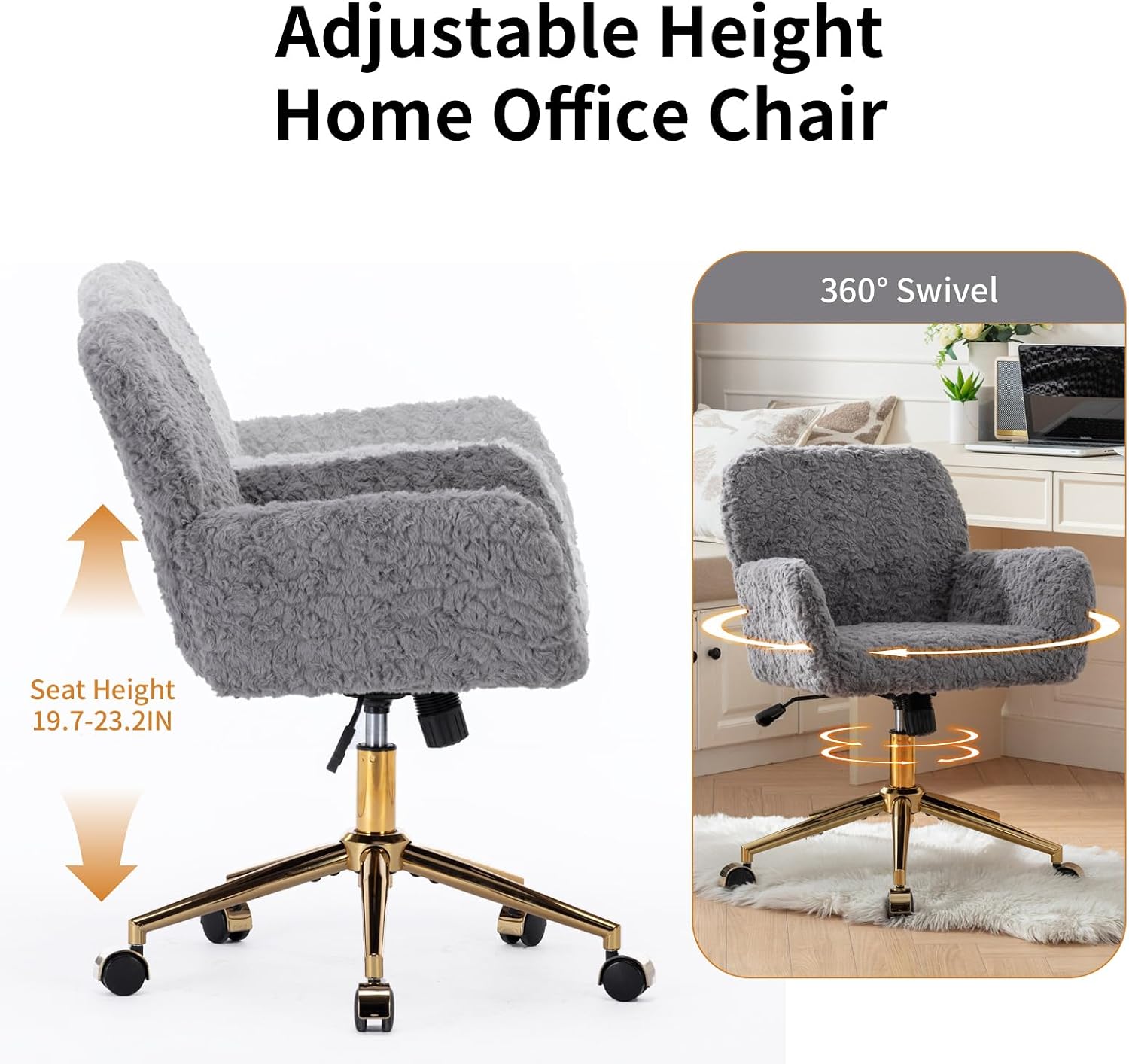 Faux Fur Makeup Vanity Chair, Comfy Fuzzy Home Office Desk Chair with Wheels & Gold Base, Upholstered Adjustable Swivel Office Chair for Teens Girls Women Home Office, Grey