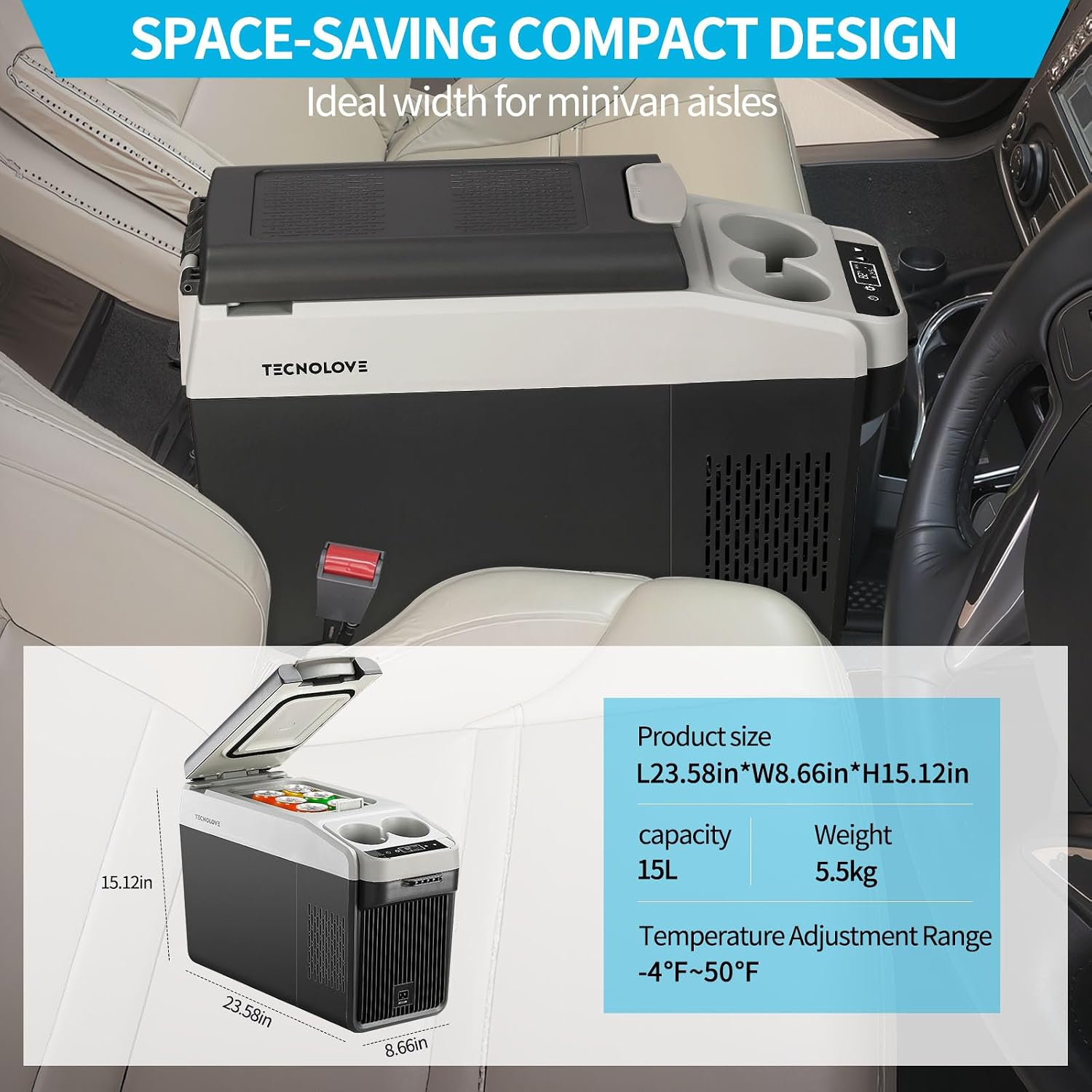 12 Volt Center Console Fridge,Car Refrigerator 16QT(15L) Cooler (-4℉-50℉),Car Refrigerator RV Fridge,Portable Electric Cooler with 12/24V DC&110V AC, For MPV,RV,Van