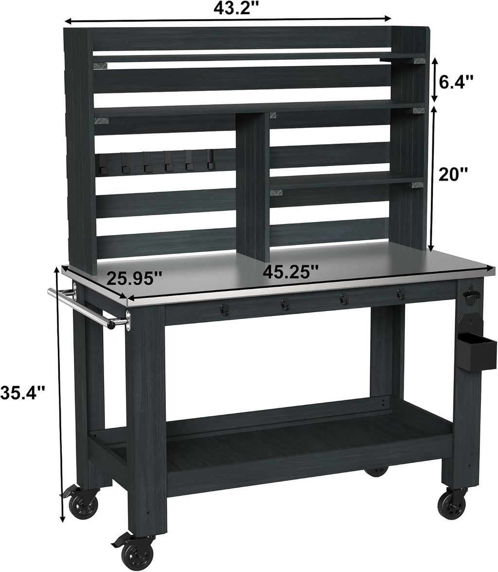 GDLF Potting Bench Table Large Outdoor Kitchen Island Prep Station with Stainless Steel Top Waterproof Cover, Hardwood, 66.9' H
