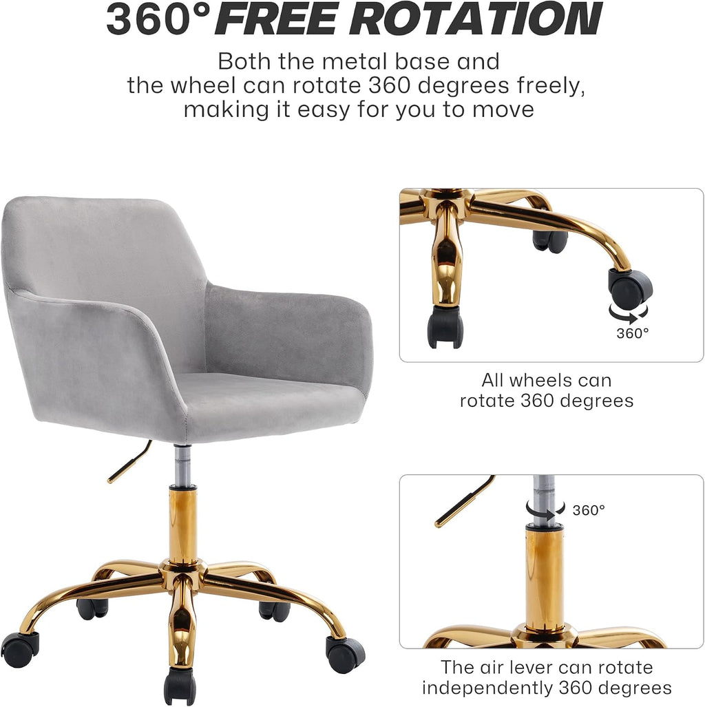 KCC Velvet Office Desk Chair, Comfy Swivel Modern Leisure Armchair with Wheels, Upholstered Comfy Velvet Fabric Makeup Chair Height Adjustable for Teens Women Girls Elegant Home Office, Gray