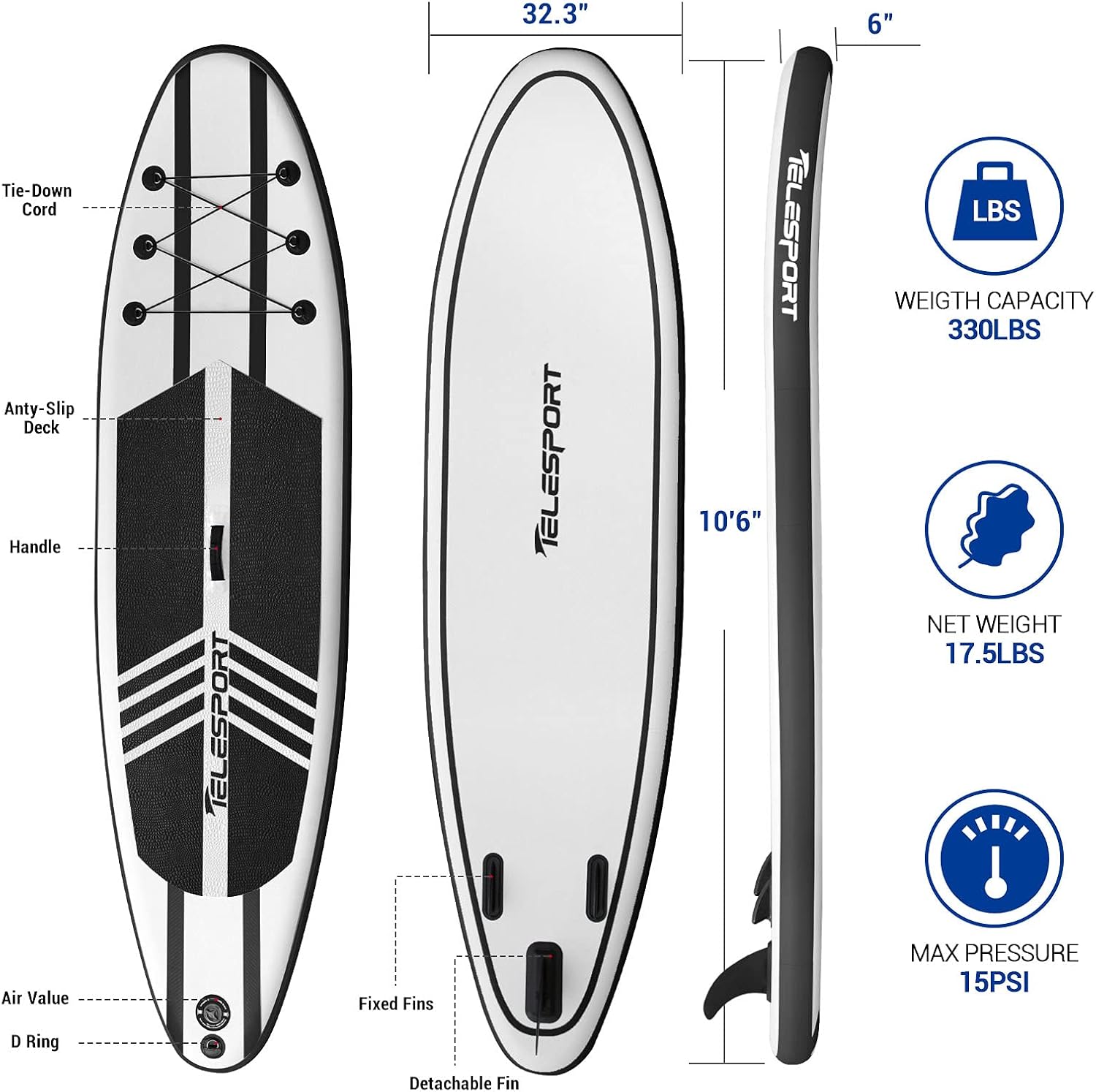 TELESPORT Paddle Boards 11 Foot Long 33 Inch Wide Inflatable Stand Up Paddleboard Blowup SUP Board with Accessories, 350 Pound Weight Capacity, Black