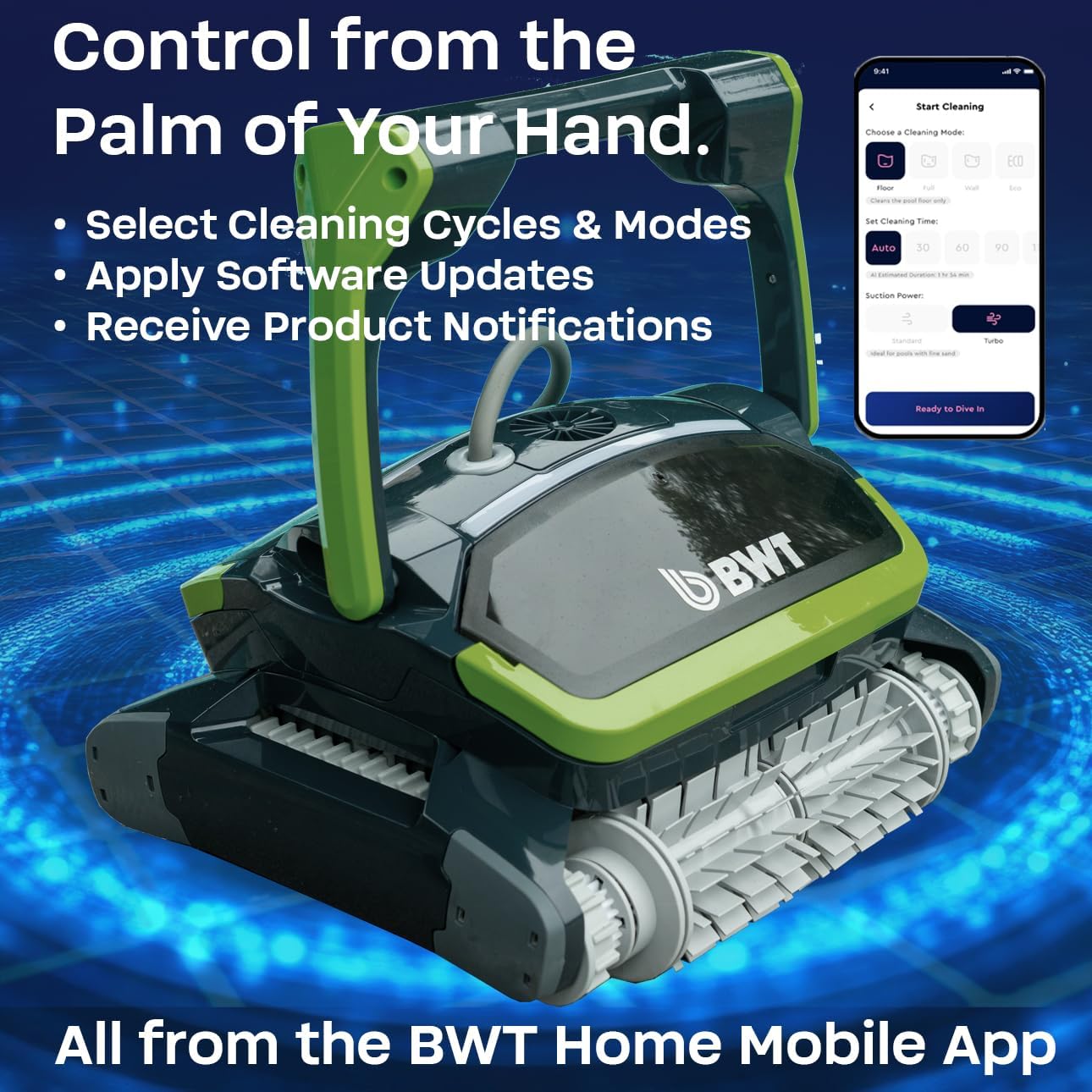 BWT ES1500 Robotic Pool Cleaner for In-Ground Pools, Cleans Floor, Walls & Waterline, App Control, 3 Cleaning Cycles (1.5–2.5 hrs), Powerful 5,000 GPH Suction, 59ft Cable