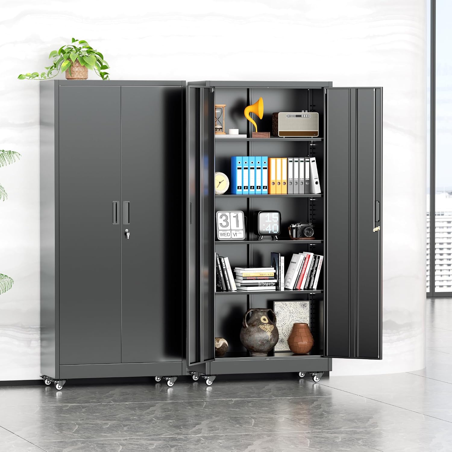 INTERGREAT73 Garage Storage Cabinet with Wheels, Rolling Metal Storage Cabinet with Locking Doors and 4 Adjustable Shelves,- 73' Steel Tool Cabinet for Home Office,Garage,Warehouse，Black
