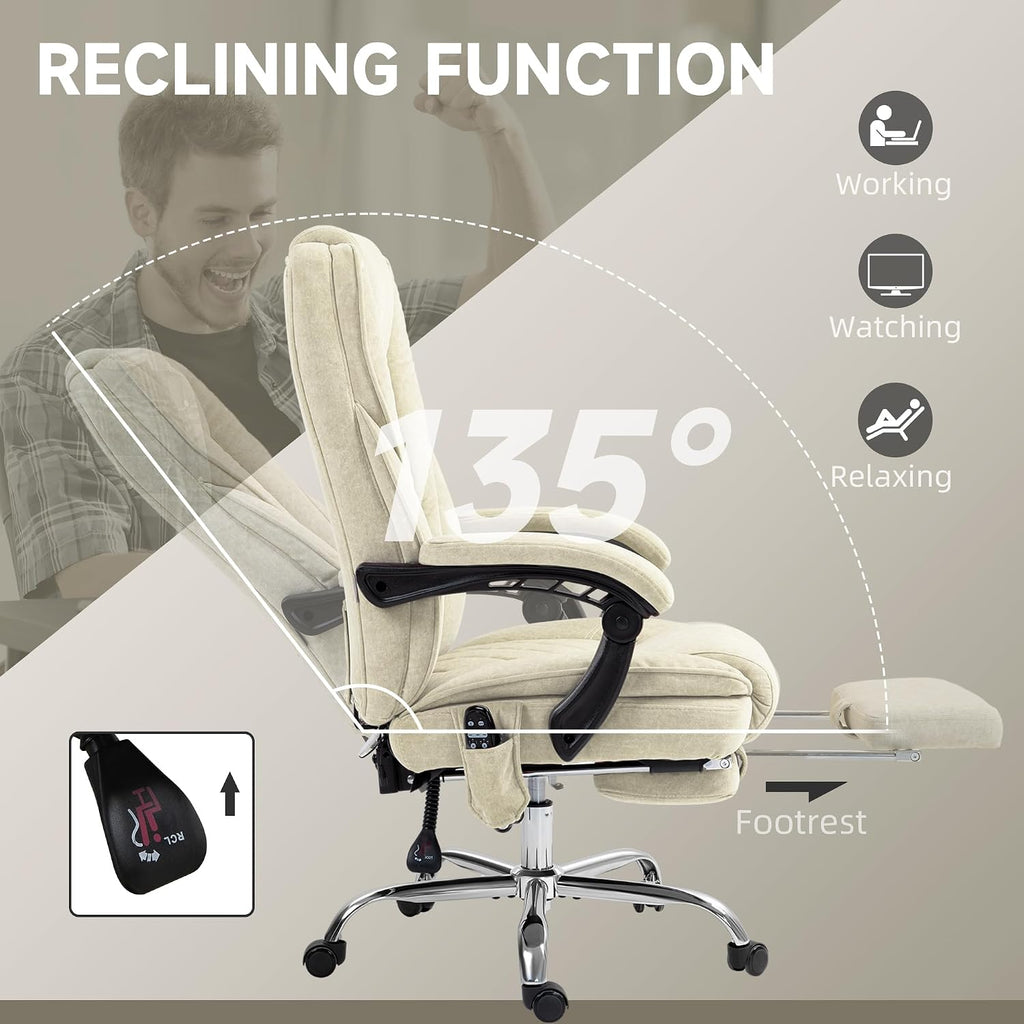 Vinsetto Massage Office Chair with Foot Rest, Executive Computer Desk Chair with 6 Vibration Point and Heat, Reclining Backrest, Swivel Wheels, Adjustable Height, Beige