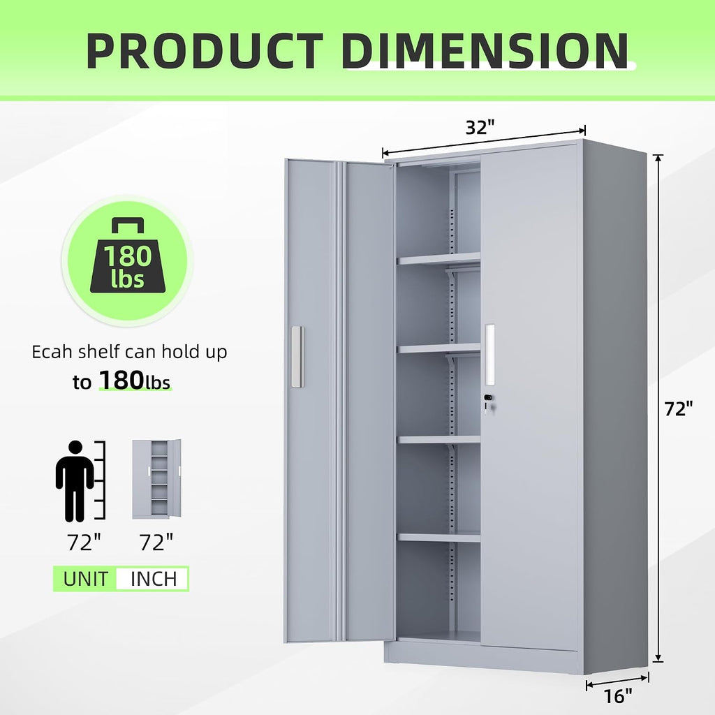 INTERGREAT Metal Storage Cabinet, 72' Locking Steel Cabinets with 2 Door and 4 Adjustable Shelves, Tall Metal Cabinet for Home Office, Garage, Warehouse,(Cement)
