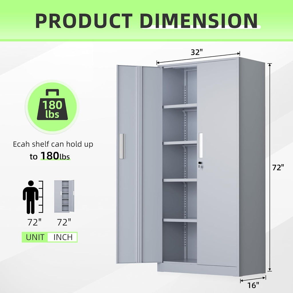 SUNCROWN 72' Metal Storage Cabinet - Heavy-Duty Metal Garage Cabinet with 4 Adjustable Shelves & 2 Doors for Tools, Office, Home, Workshop,Cement Grey-Small