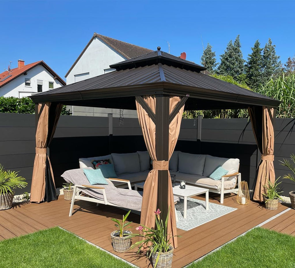PURPLE LEAF 12' X 12' Outdoor Hardtop Gazebo Permanent Outside Heavy Duty Sun Shade Deck Canopy for Patio All Weather Aluminum Metal Roof Backyard Pavilion with Netting and Curtains