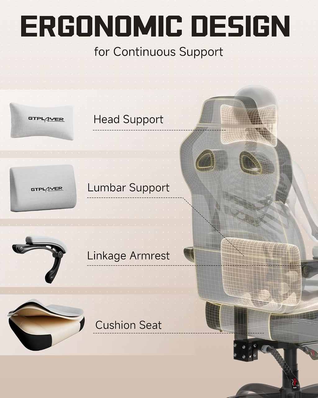 GTPLAYER Gaming Chairs for Adult - Ergonomic Big & Tall Gaming Seat with Footrest & Lumbar Support, Comfortable Office Chair 90-155° Reclining - Heavy Duty Wide Computer Seat, Bright Grey
