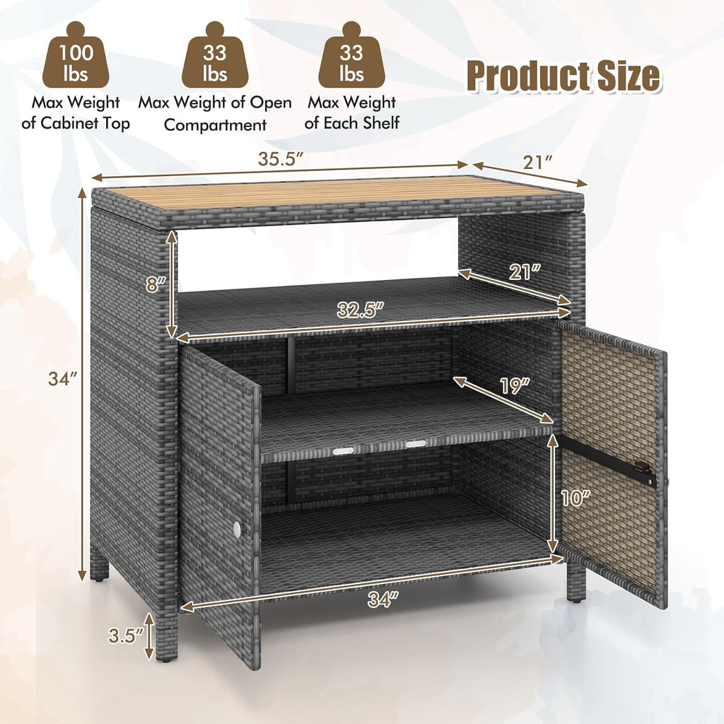 HAPPYGRILL Rattan Storage Cabinet, Patio Sideboard Buffet Cabinet with Acacia Wood Countertop, Open Shelf & 2 Door Cabinet, Wicker Storage Organizer for Garden Tools (Mixed Grey)