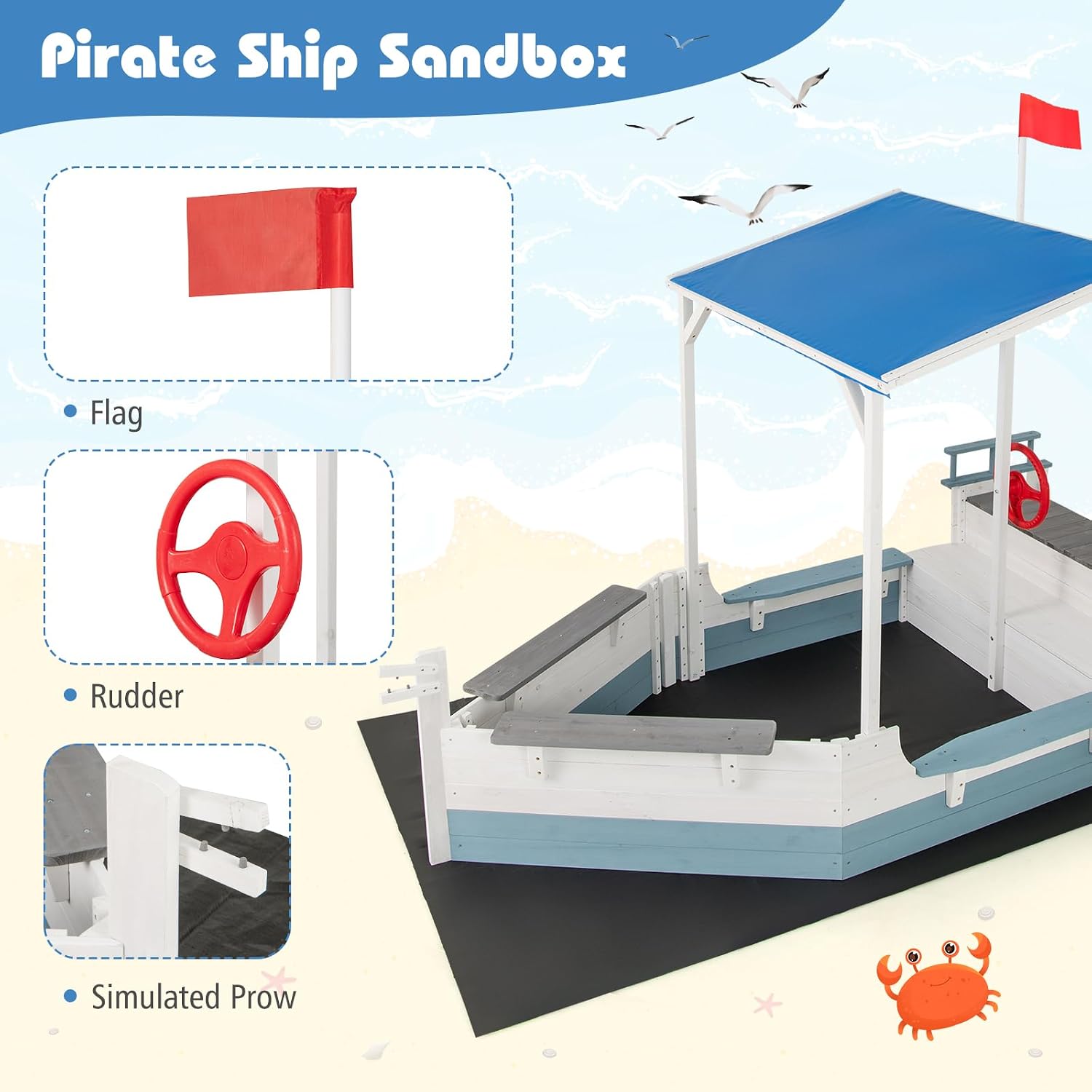 Costzon Pirate Ship Sandbox with Canopy, Fir Wood Boat Sand Box w/Flag, Rudder, Bench Seats and Storage Compartments for Backyard Beach, Outdoor Sand Pit for Kids 3-8 Years Old