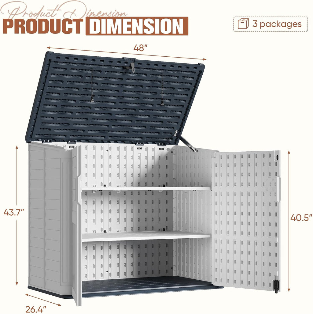 TUOZE 34 Cu Ft Resin Storage Shed with 2 Shelves, Waterproof Outdoor Storage Cabinet with Sloping Roof & Lockable Lid for Garden Tools, Trash Cans (Beige)