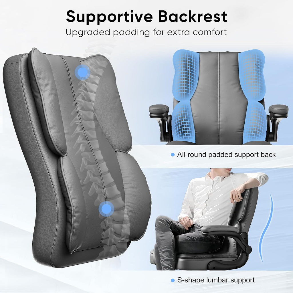 Kensaker Ergonomic Executive Office Chair with Adjustable Headrest & 90° Flip-Up Arms, High Back PU Leather Computer Desk Chair with 135° Rocking & Double Padding for Home Office Comfort, Gray