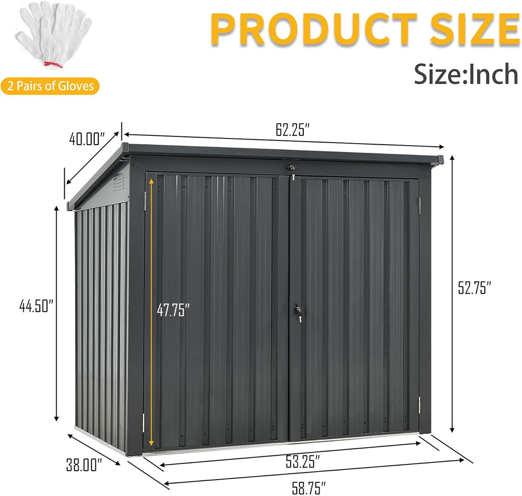 62' Grey Metal Outdoor Storage Shed with Sloped Roof, Lockable Tool Shed for Trash Cans, Garden Tools, Firewood, or Pet House, Waterproof, Galvanized Steel (Black)