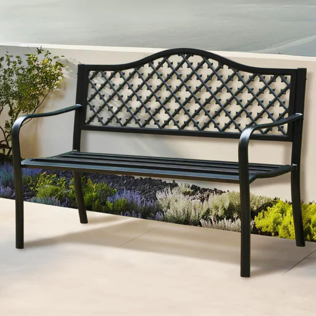 PHI VILLA 50' Outdoor Garden Patio Metal Bench for Outdoors with Plastic Backrest Armrests Sturdy Steel Frame, Black