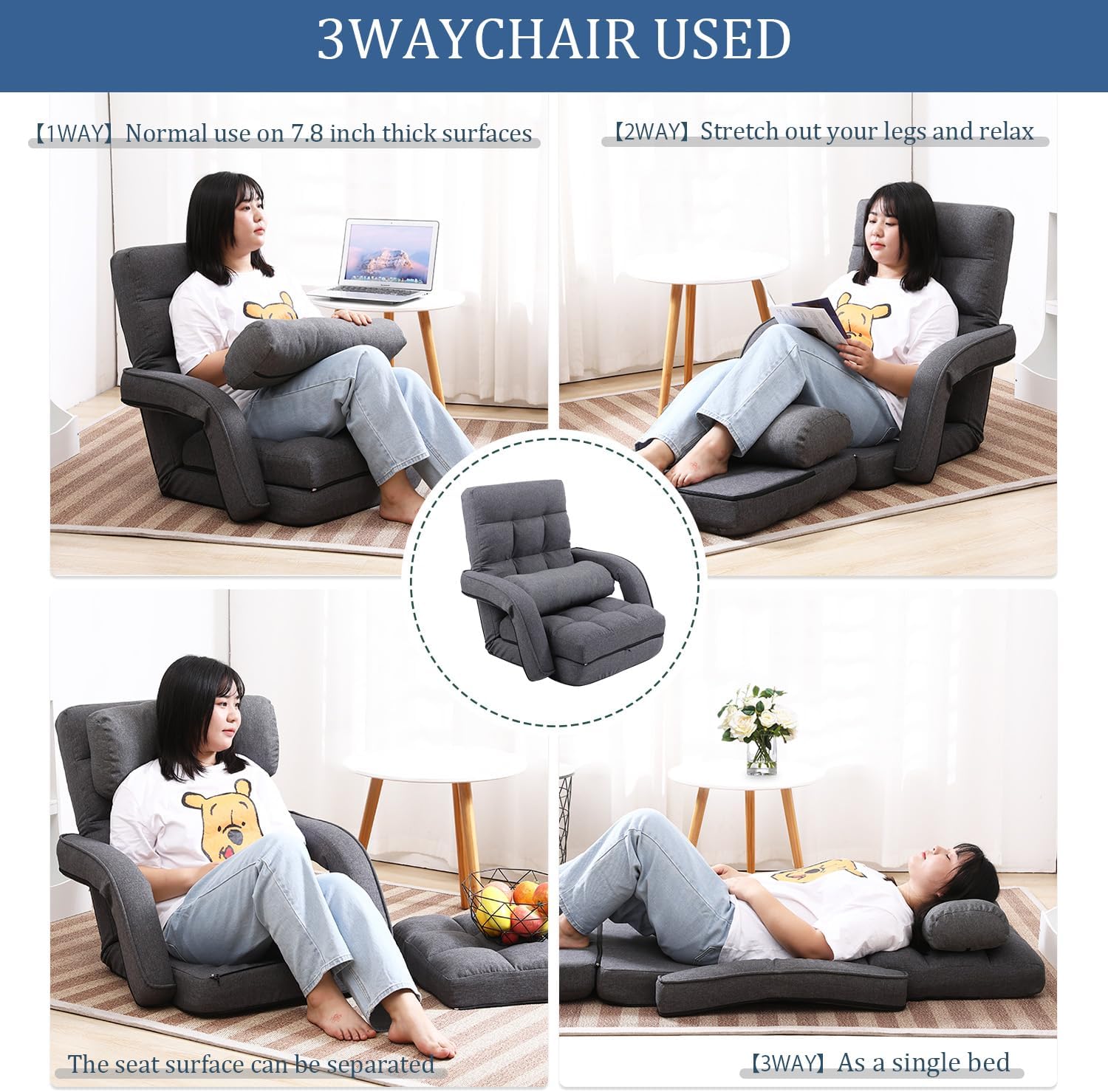 14-Position Adjustable Floor Chair, Chaise Lounge Indoor, Folding Lazy Sofa with Armrests and a Pillow Padded Adults Gaming Chairs for Living Room, Bedroom Factory Price,8803 (Grey)