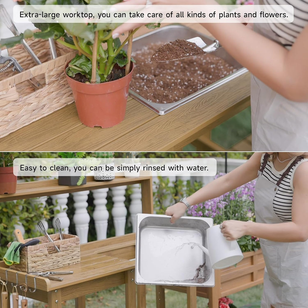 ONBRILL Potting Bench, Outdoor Potting Bench Table with Removable Sink, HDPS Potting Benches for Outside, Garden Table with Storage Shelves & 4 Side Hooks, No Rot, No Fade, No Break, 360lbs Capacity