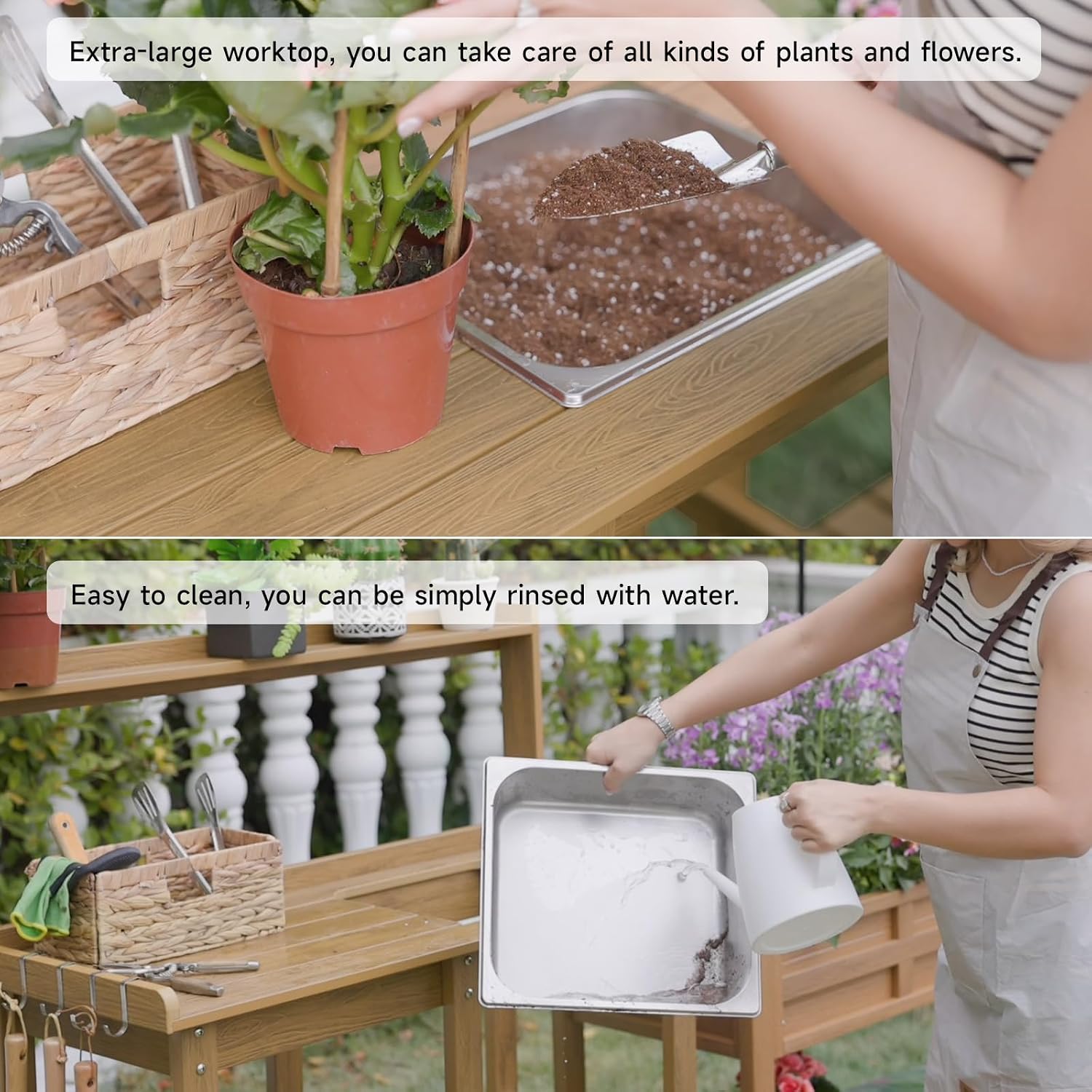ONBRILL Potting Bench, Outdoor Potting Bench Table with Removable Sink, HDPS Potting Benches for Outside, Garden Table with Storage Shelves & 4 Side Hooks, No Rot, No Fade, No Break, 360lbs Capacity