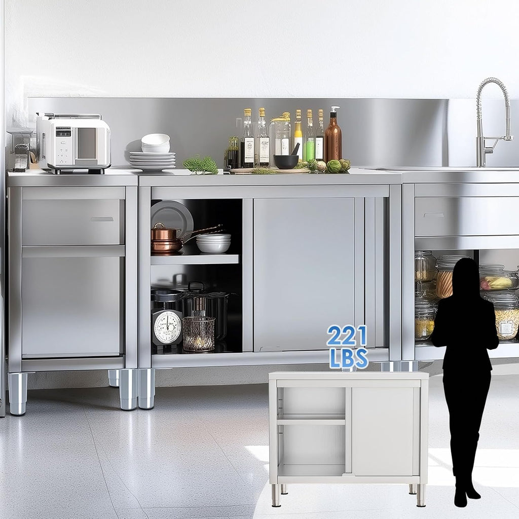 Stainless Steel Work Table with Cabinet 39'x20',Commercial Kitchen Workbench with Sliding Doors for Prep Work, Heavy Duty Prep Table for Restaurant,Garage,Warehouse
