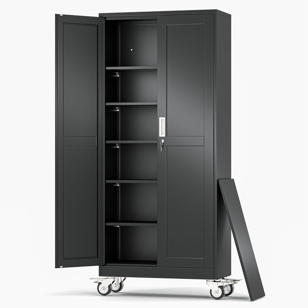 Metal Garage Storage Cabinets and storage system, 75'Tall Rolling utility cabinet with Wheels, Lock, 5 Adjustable Shelves, Heavy Duty Steel Tool Locker for Home Office, Utility Room, Gym,Black
