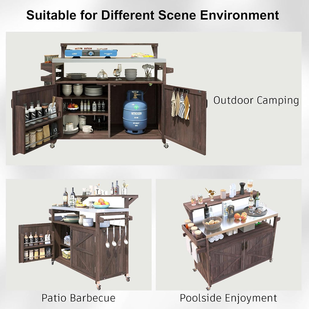 Merax 53.3' Outdoor Kitchen Island with Raised Shelf, Solid Wood Storage Cabinet with Stainless Steel Top, Rolling Grill Cart, Adjustable Shelf, Brown
