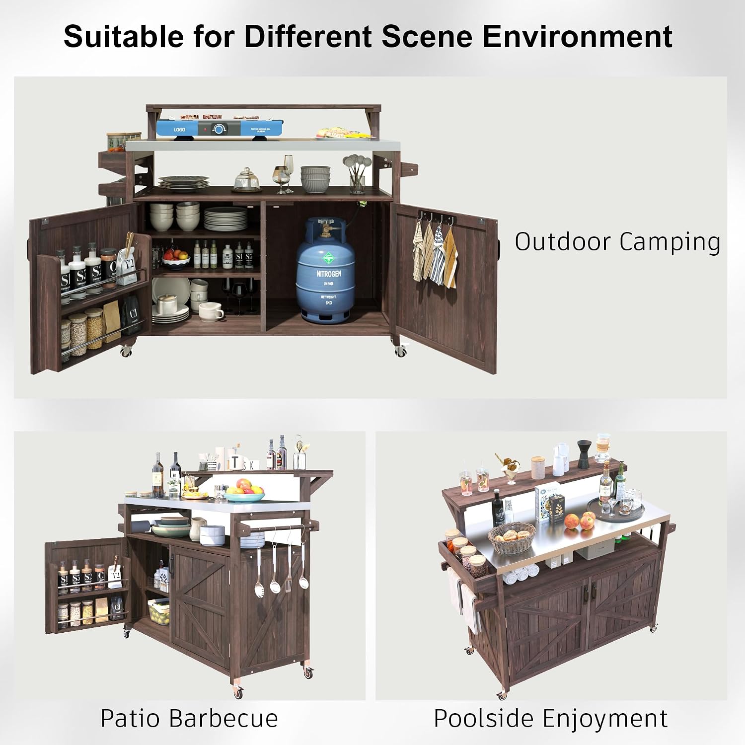 Outdoor Kitchen Island with Stainless Steel Top, 53.3' Rolling Grill Cart with Adjustable Shelves, Raised Shelf, Lockable Wheels, Portable Outdoor Table and Bar Storage Cabinet for Patio