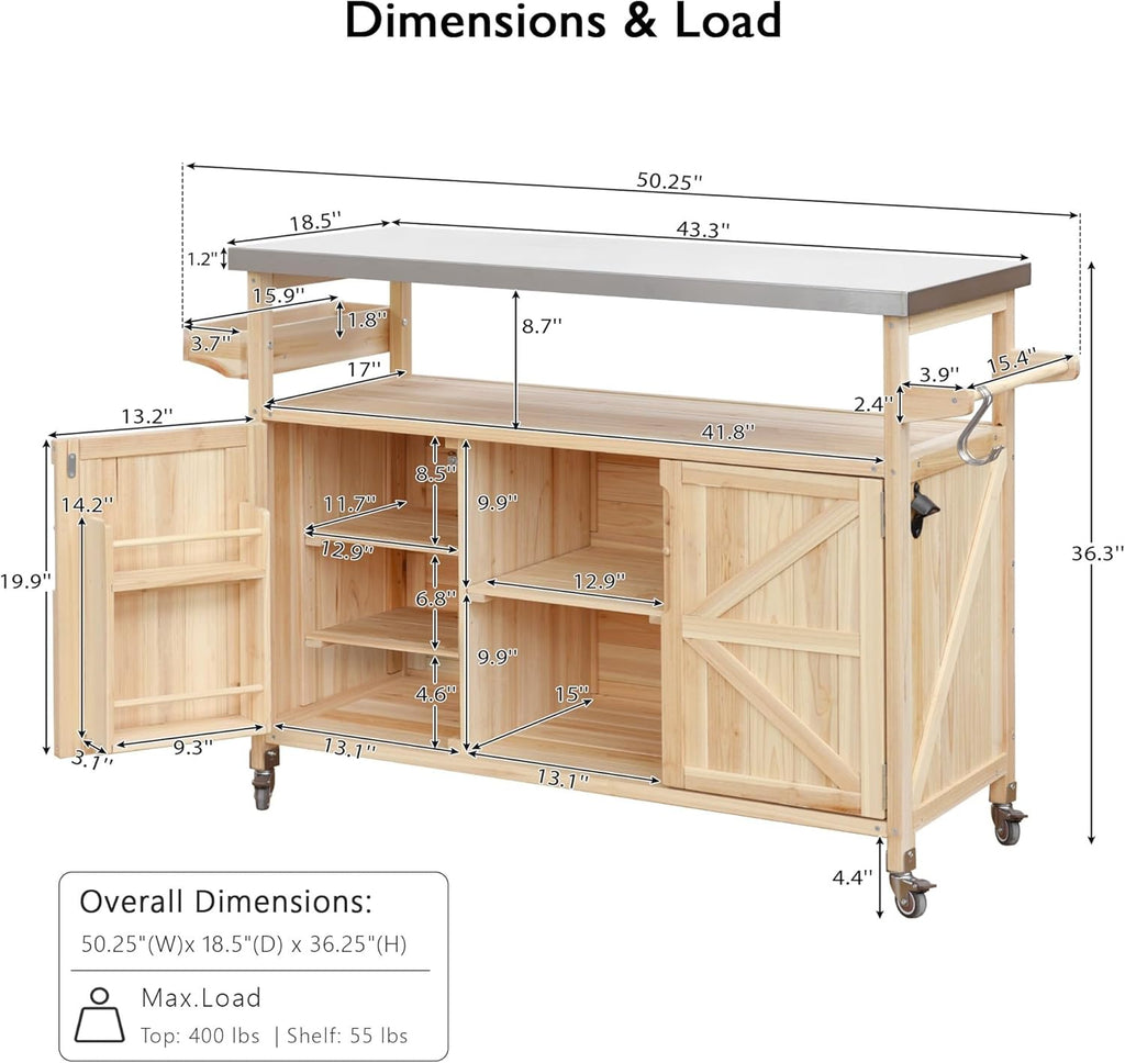 Outdoor Grill Cart with Storage, Farmhouse Outdoor Storage Cabinet with Stainless Steel Top, Wood Bar Patio Kitchen Island with Spice Rack, Towel Holder, Hooks & Locking Wheels for Patio BBQ(Wood)
