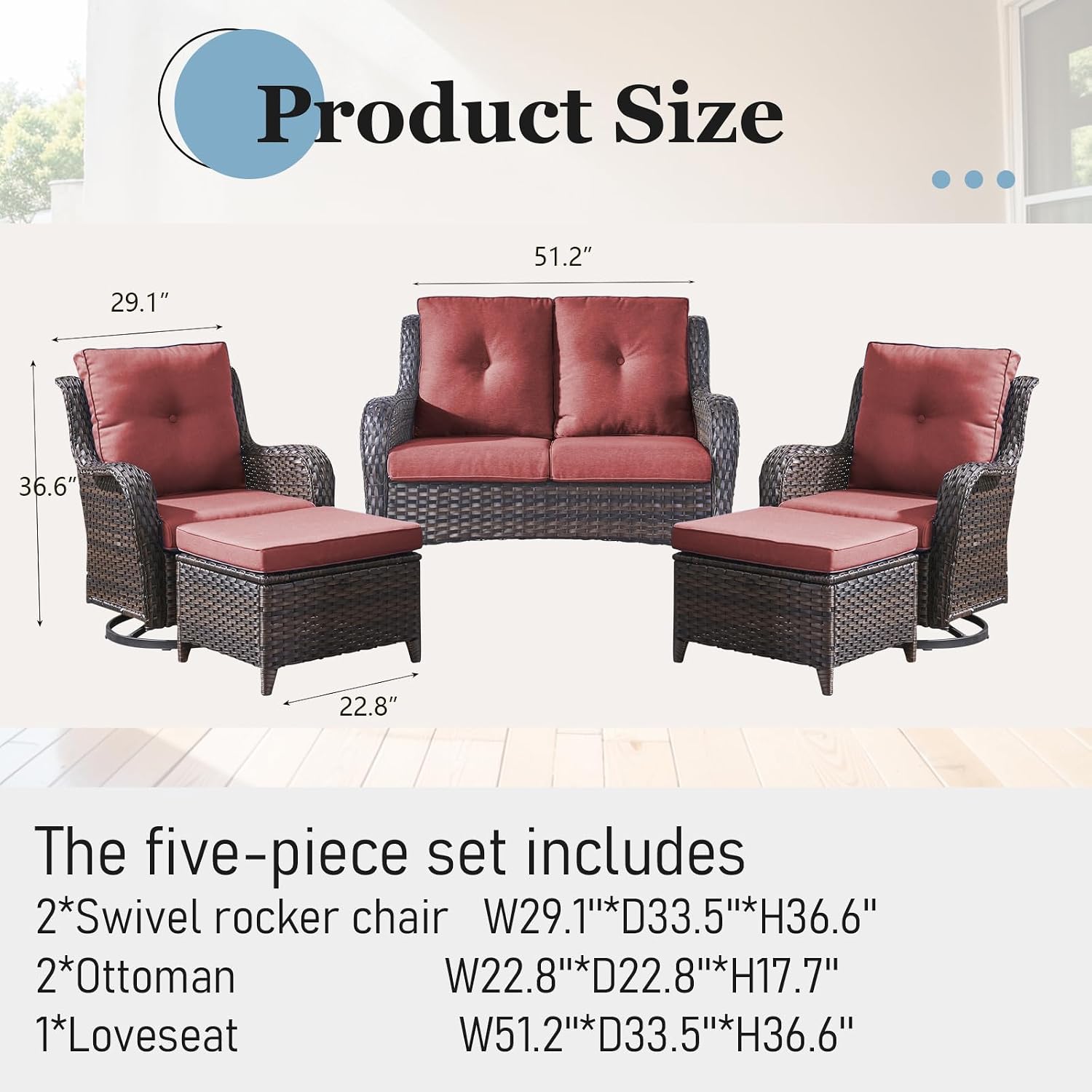 Patio Furniture Set with Swivel Chairs, 5 Pieces Outdoor Wicker Furniture Set with Patio Swivel Rocker Chairs for Patio, Yard, Deck, Porch, Poolside
