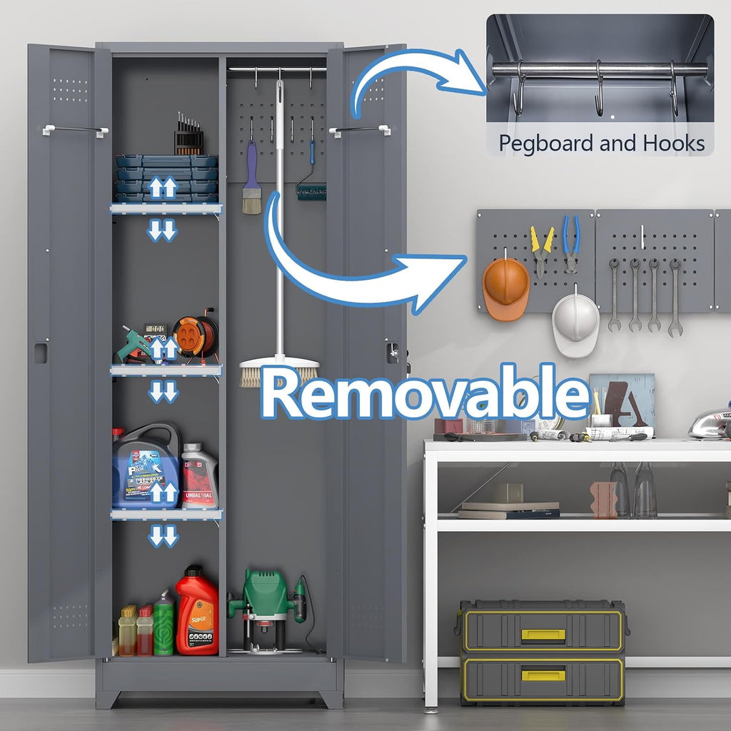 65''H Garage Storage Cabinets, Metal Locking Storage Cabinet with Doors and Shelves, Utility Closet Cabinet with Hanging Rod, Cleaning Storage for Kitchen, Office, Garage