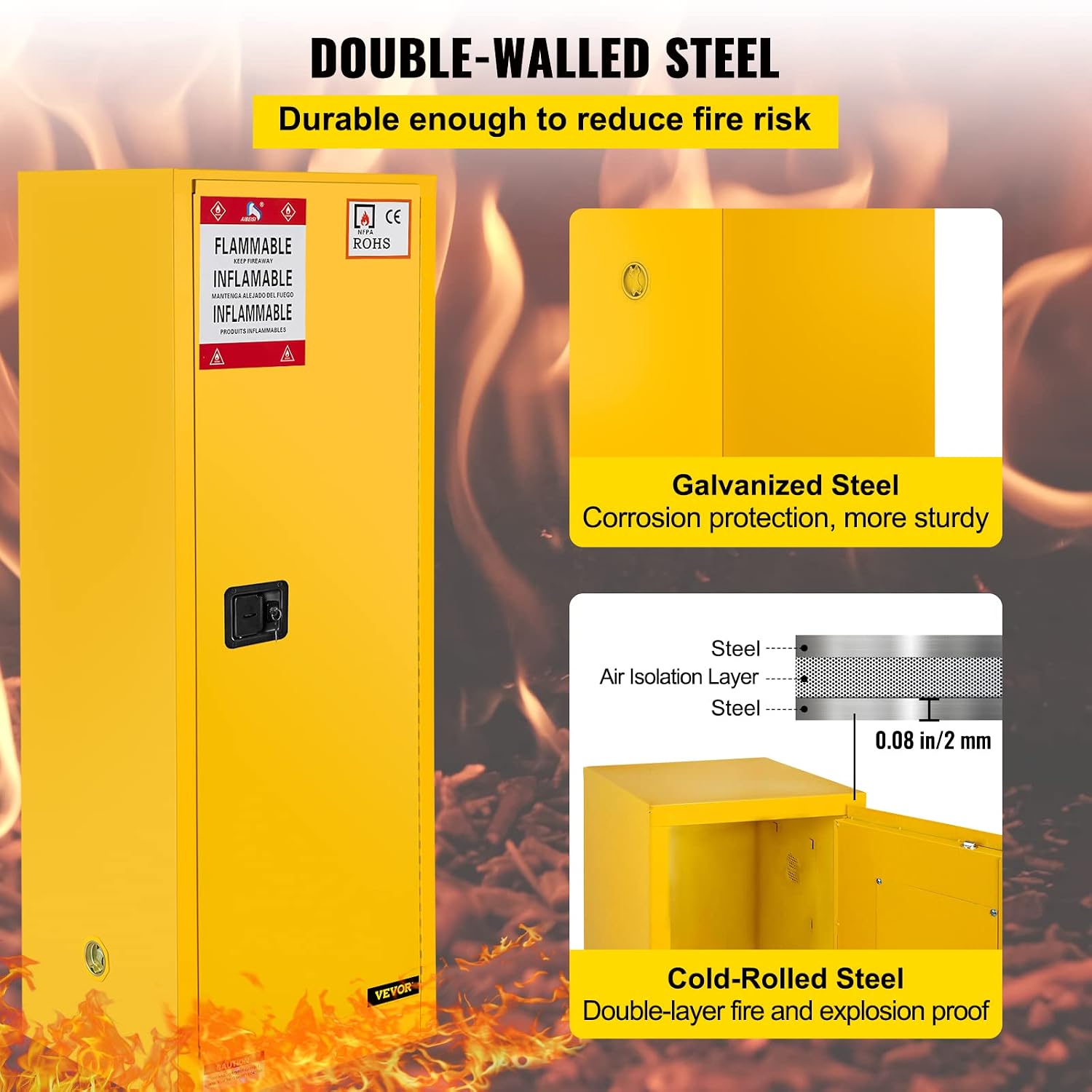 VEVOR Flammable Cabinet 18' x 18' x 35', Galvanized Steel Safety Cabinet, Adjustable Shelf Flammable Storage Cabinet, for Commercial Industrial and Home Use, Yellow: Industrial & Scientific