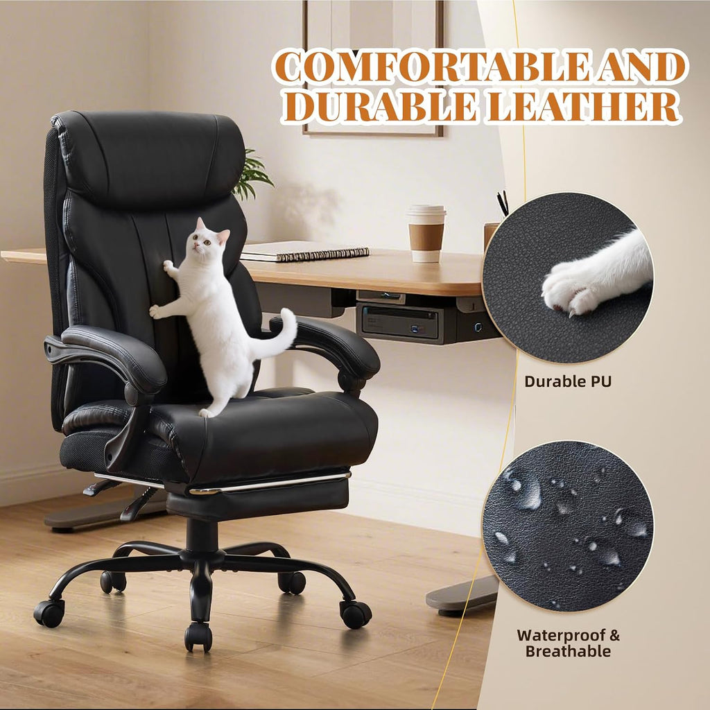 Comfortable Office Desk Chair 500 LBS, Big and Tall Office Chairs with Footrest,90-155°Recline Executive Leather Gaming Chair for Heavy People, Long Hours,Black