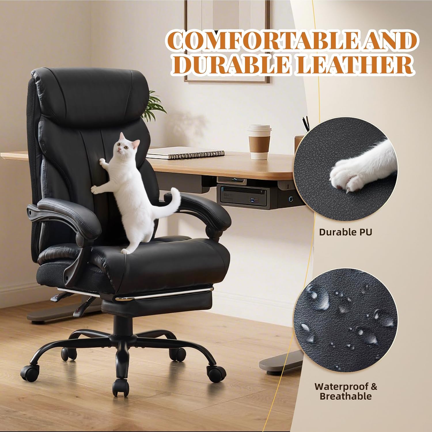 Comfortable Office Desk Chair 500 LBS, Big and Tall Office Chairs with Footrest,90-155°Recline Executive Leather Gaming Chair for Heavy People, Long Hours,Black