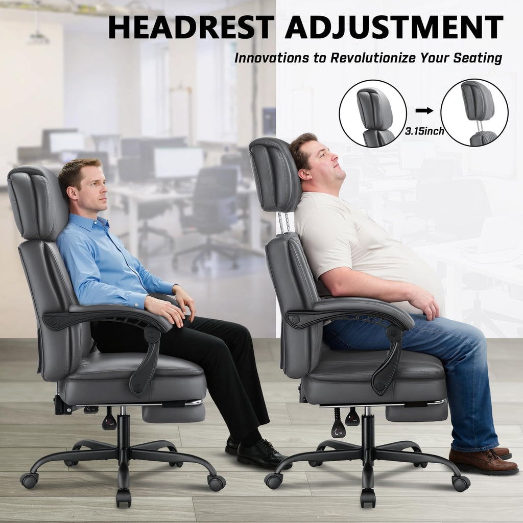 400lbs Executive Office Chair with Foot Rest for Heavy People, Ergonomic Big and Tall Desk Chair with Adjustable Headrest, High Back PU Leather Comfy Heavy Duty Computer Chair with Spring Cushion