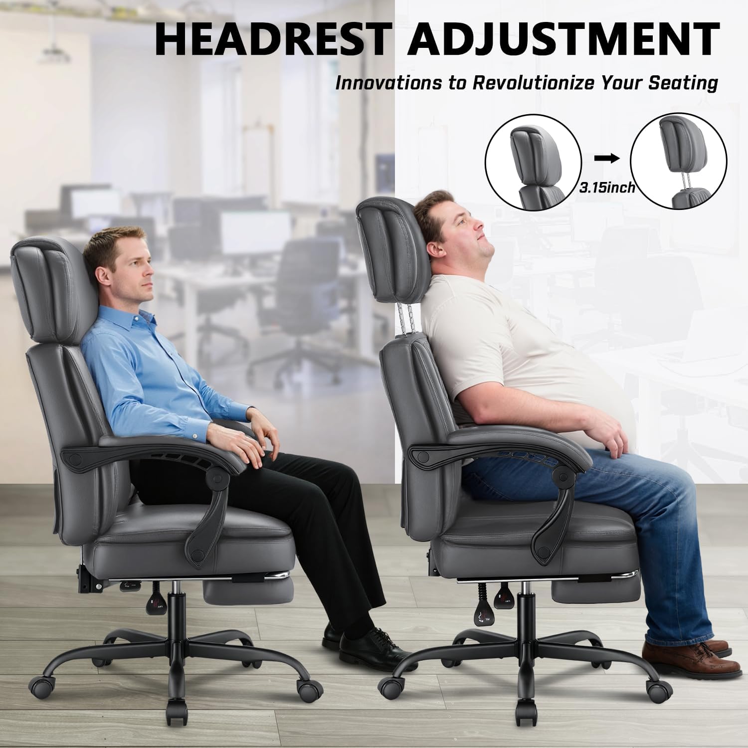 400lbs Executive Office Chair with Foot Rest for Heavy People, Ergonomic Big and Tall Desk Chair with Adjustable Headrest, High Back PU Leather Comfy Heavy Duty Computer Chair with Spring Cushion