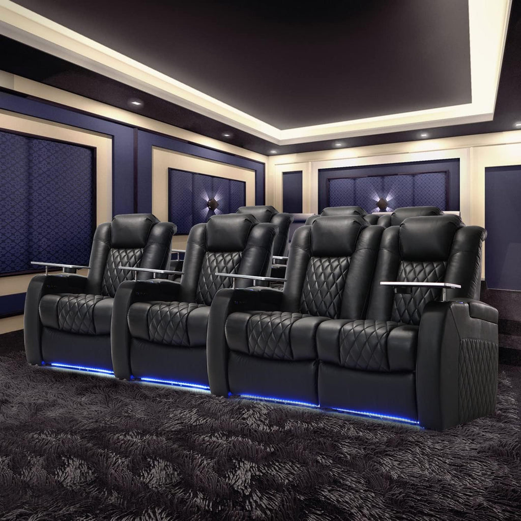 Weilianda Home Theater Seating Top Grain Leather Zero Gravity Recliner Chair Power Headrest Recline Movie Seat Gaming 7 Colors Mood Light Sofa with Tray Table USB Charge Row of 3 Loveseat Left Black