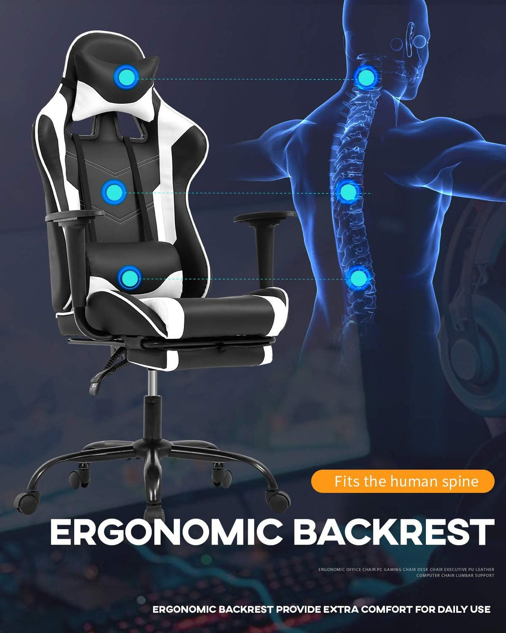 BestOffice Ergonomic PC Racing Gaming Chair Cheap Office Desk Chair PU Leather Computer Chair Lumbar Support with Footrest Modern Task Rolling Swivel Chair for Women, Men(White)