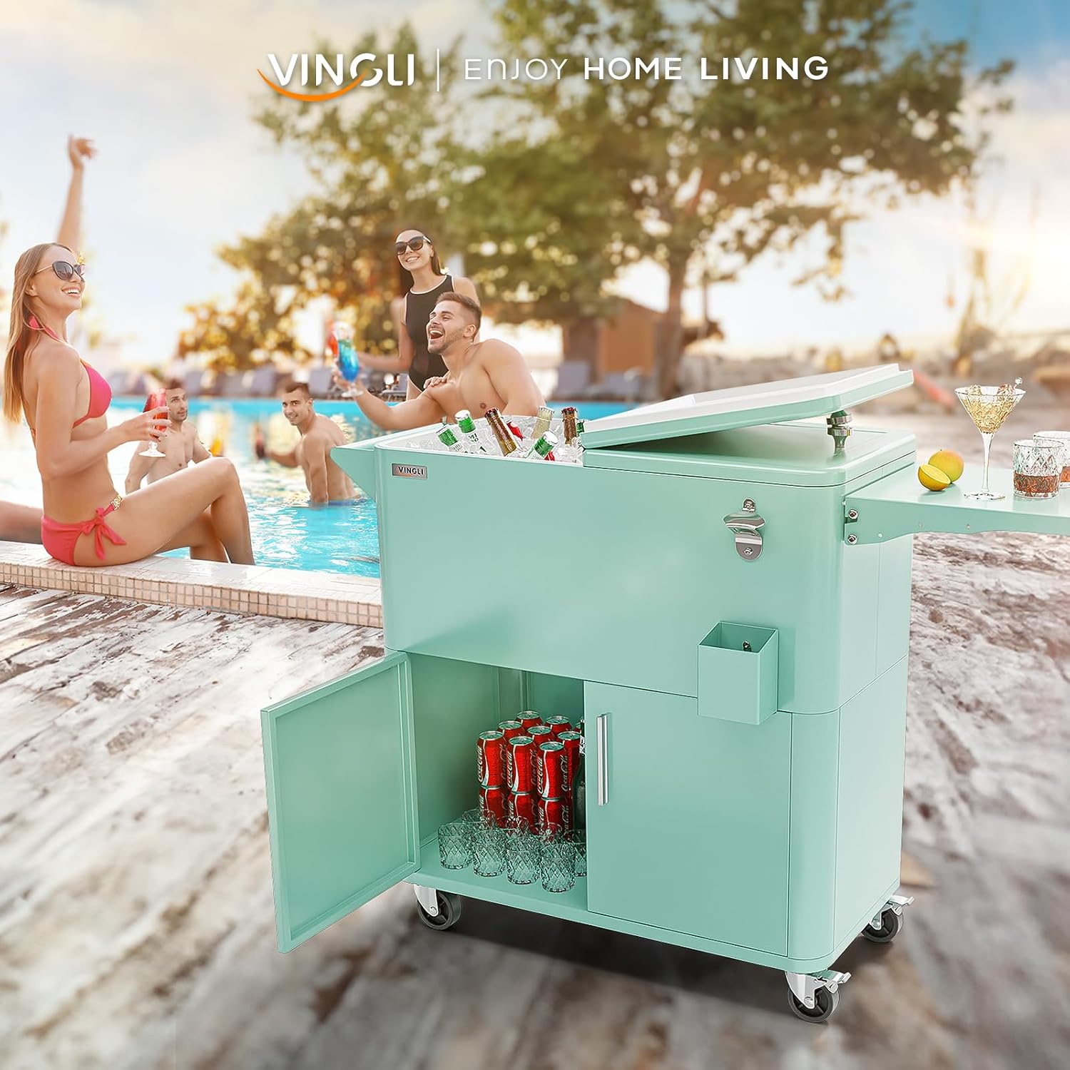 VINGLI Patio Cooler, Ice Chest with Storage Cabinet, Bottle Opener Drainage, Outdoor Cooler for Party, Deck, Pool