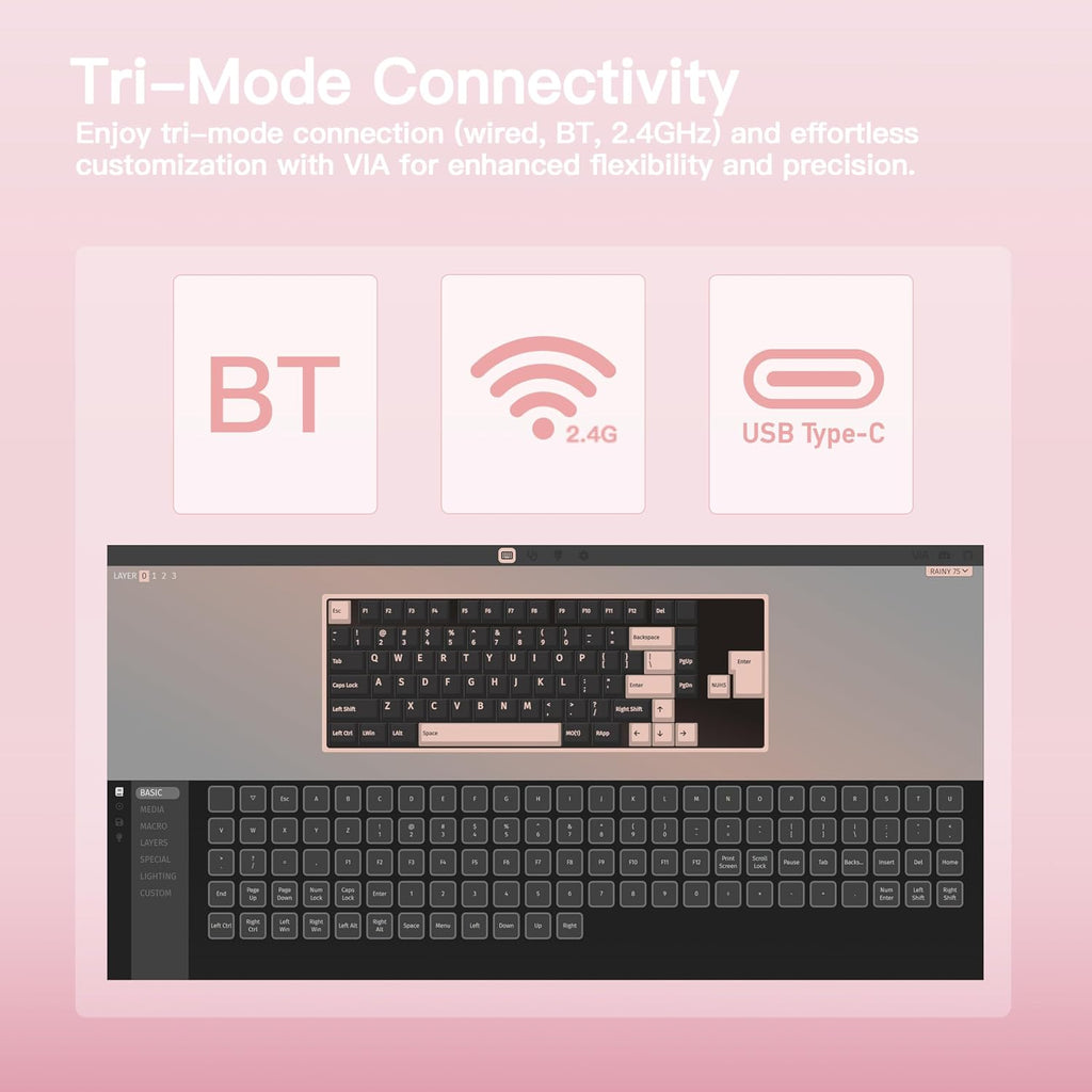 KEEBMONKEY WOBKEY Rainy 75 CNC Aluminum HMX/JWK/Cocoa Switches Triple-Mode Connectivity Mechanical Keyboard with Superior Acoustics, RGB/PP/Mirrored Glass/3500mAh/Violet Switch (Standard - Pink)
