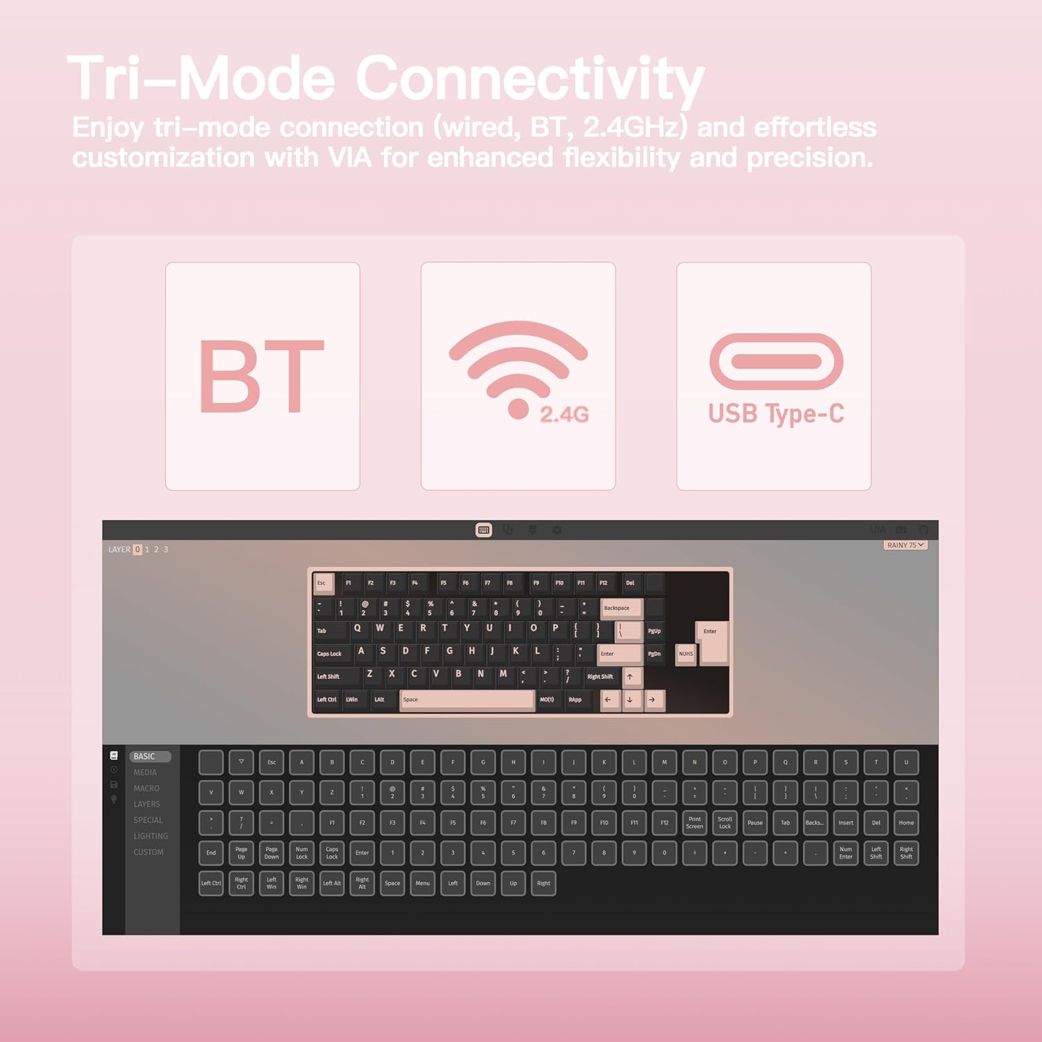KEEBMONKEY WOBKEY Rainy 75 CNC Aluminum HMX/JWK/Cocoa Switches Triple-Mode Connectivity Mechanical Keyboard with Superior Acoustics, RGB/PP/Mirrored Glass/3500mAh/Violet Switch (Standard - Pink)