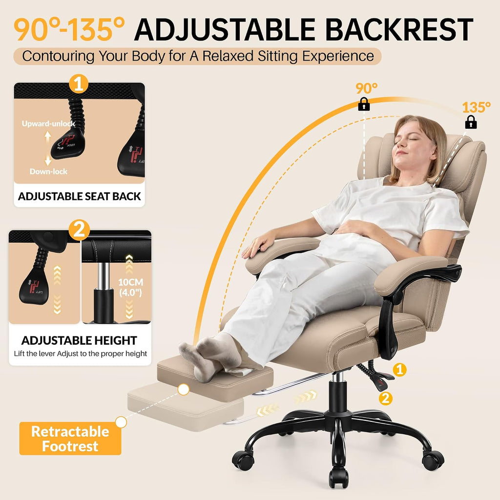 HeroSet Big and Tall Office Chair with Foot Rest, 400lbs Ergonomic Reclining High Back Executive Leather Chair, Lumbar Support Swivel Computer Desk Chairs for Heavy People Home Office Gaming(Khaki)