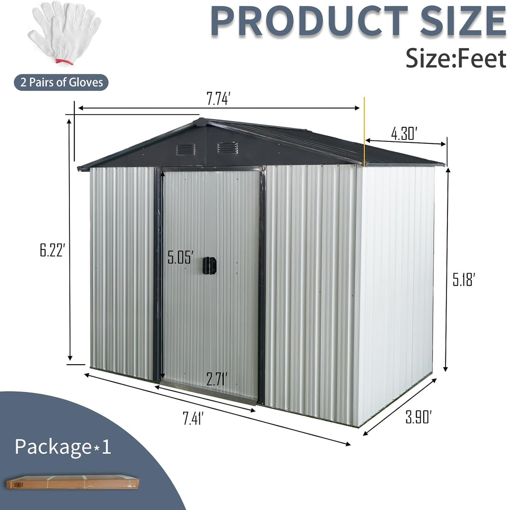8 x 4 FT Outdoor Storage Shed, Metal Garden Shed with Floor Frame, Tool Shed Outdoor Storage with Lockable Sliding Doors & Air Vents, Storage House Waterproof for Backyard, Lawn, White and Black