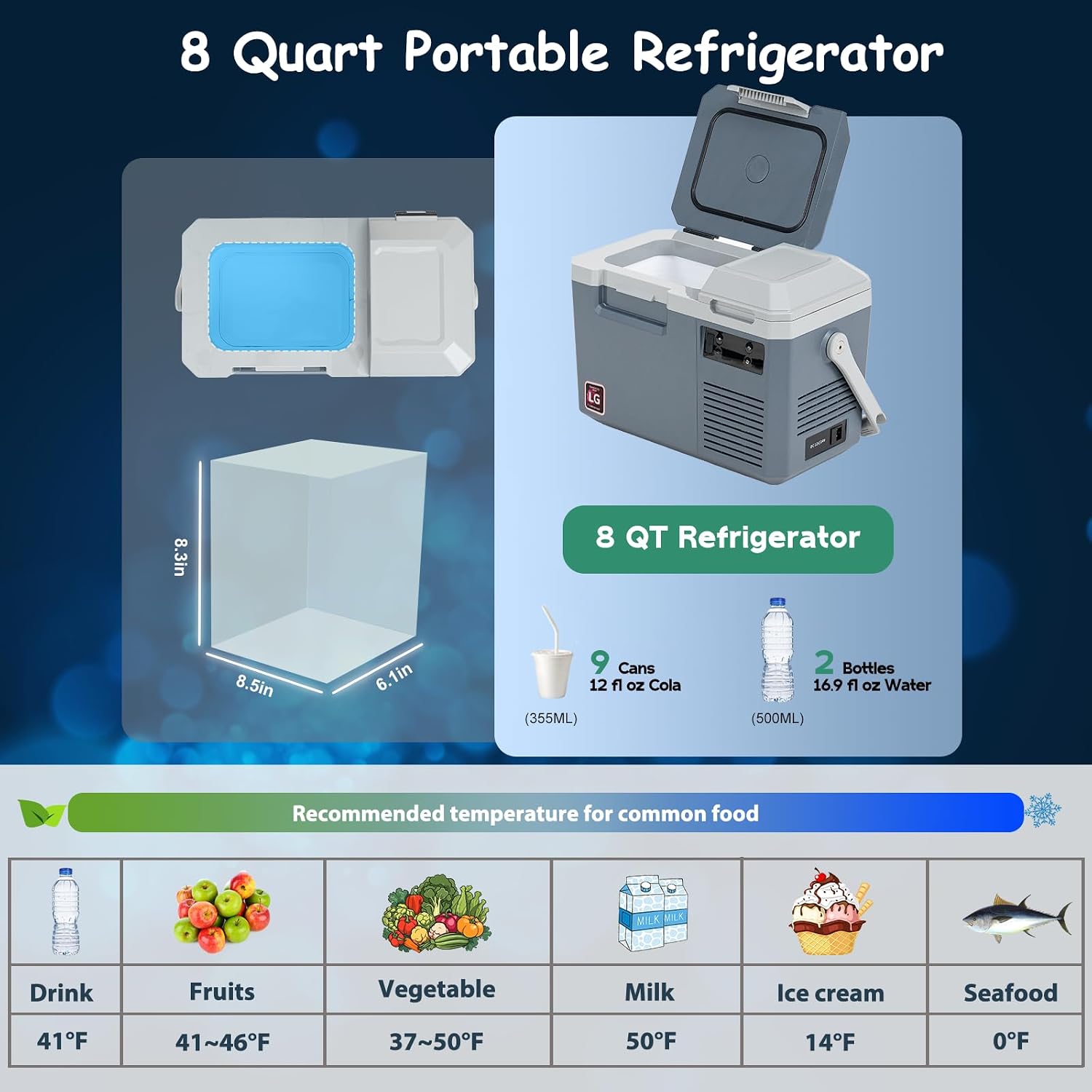 Alpicool LGMP8 Portable Fridge 8 Quart 12 Volt Car Refrigerator Freezer,-4°F ~122°F,for Fishing, Camping, RV,Travel, Outdoor-12/24V DC, 110~240V AC